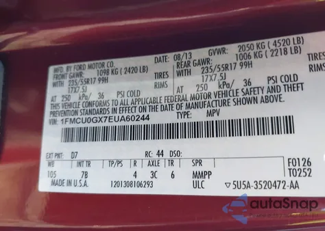 2014 Ford Escape Se from USA, damaged, VIN 1FMCU0GX7EUA60244